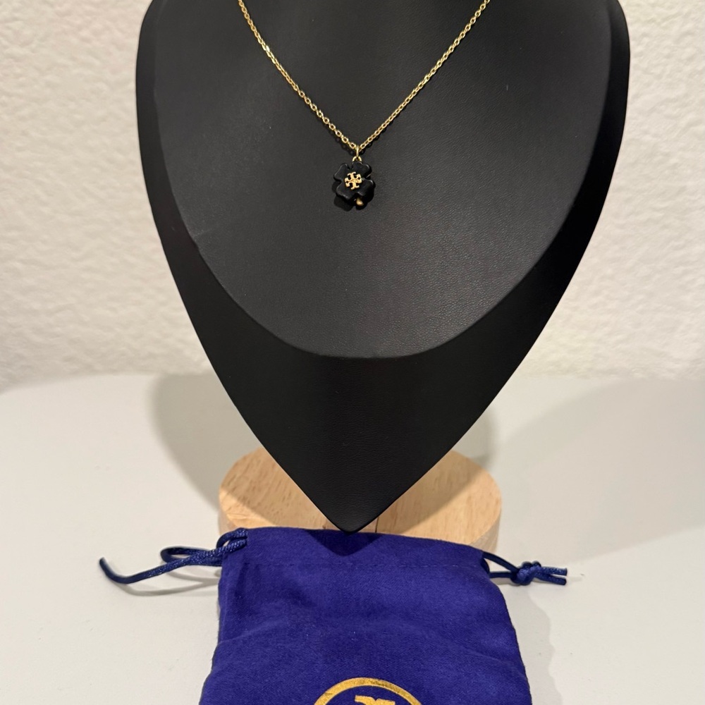 Tory Burch Gold Necklace with Black Clover Pendant